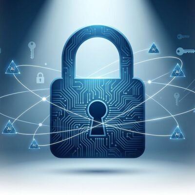 Conceptual illustration of AI inference running on encrypted data with lock icon and neural network nodes, representing Google HEIR homomorphic encryption compiler