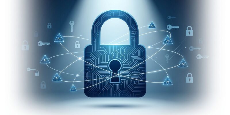 Conceptual illustration of AI inference running on encrypted data with lock icon and neural network nodes, representing Google HEIR homomorphic encryption compiler
