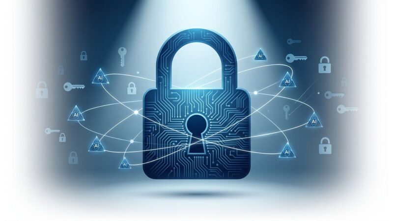 Conceptual illustration of AI inference running on encrypted data with lock icon and neural network nodes, representing Google HEIR homomorphic encryption compiler