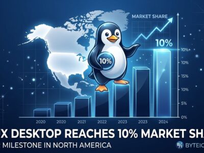 Tux the Linux penguin on a rising market share chart showing Linux hitting 10% desktop share in North America