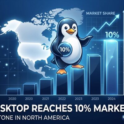 Tux the Linux penguin on a rising market share chart showing Linux hitting 10% desktop share in North America