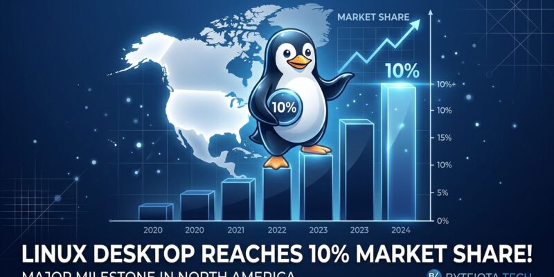 Tux the Linux penguin on a rising market share chart showing Linux hitting 10% desktop share in North America