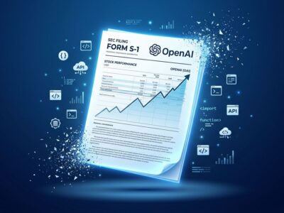 OpenAI IPO S-1 financial document with developer API implications, stock chart and code symbols, blue and white tech illustration