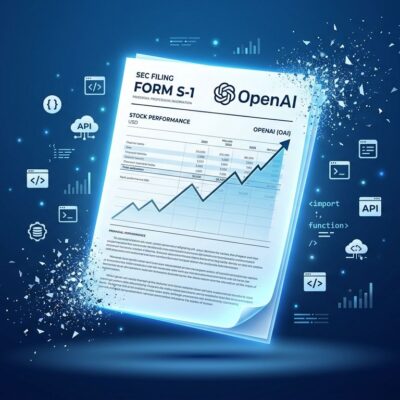 OpenAI IPO S-1 financial document with developer API implications, stock chart and code symbols, blue and white tech illustration