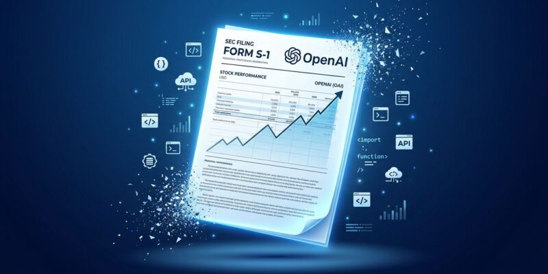 OpenAI IPO S-1 financial document with developer API implications, stock chart and code symbols, blue and white tech illustration