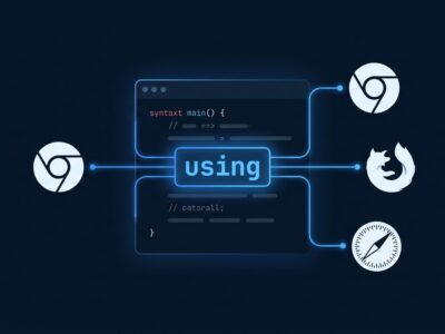 Abstract illustration of JavaScript using keyword with browser logos showing cross-browser support across Chrome Firefox and Safari