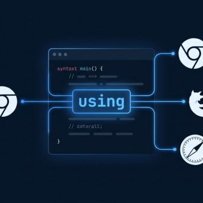 Abstract illustration of JavaScript using keyword with browser logos showing cross-browser support across Chrome Firefox and Safari