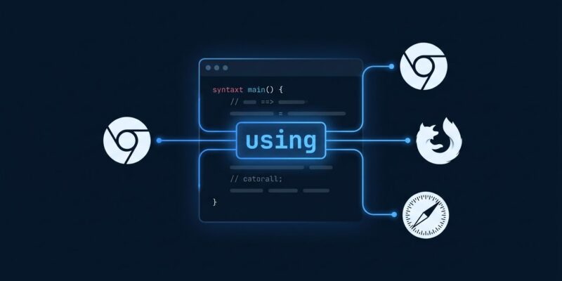 Abstract illustration of JavaScript using keyword with browser logos showing cross-browser support across Chrome Firefox and Safari