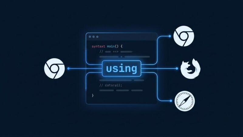 Abstract illustration of JavaScript using keyword with browser logos showing cross-browser support across Chrome Firefox and Safari