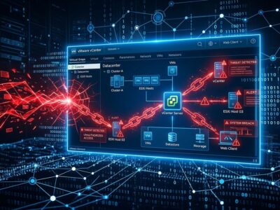 VMware vCenter server being infiltrated by a network threat visualization showing CVE-2026-59310 attack chain