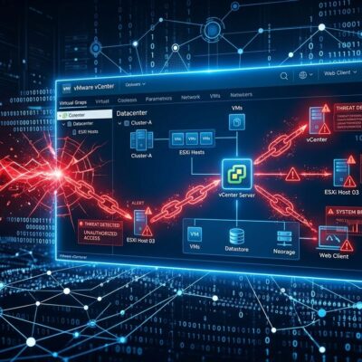 VMware vCenter server being infiltrated by a network threat visualization showing CVE-2026-59310 attack chain