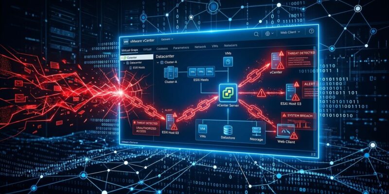 VMware vCenter server being infiltrated by a network threat visualization showing CVE-2026-59310 attack chain