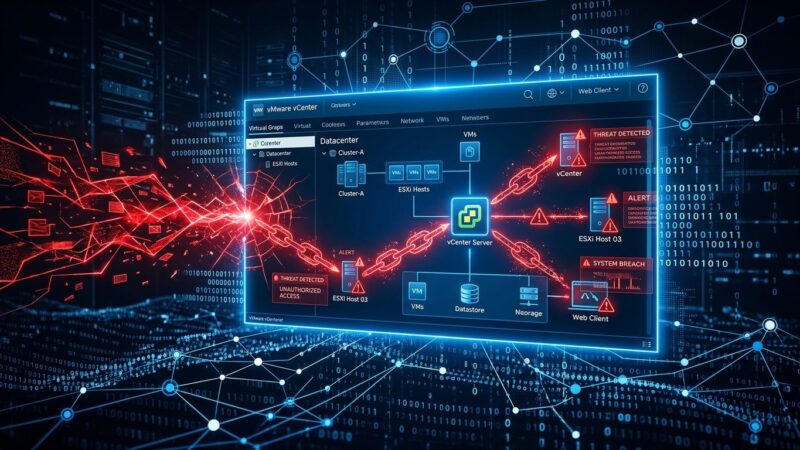 VMware vCenter server being infiltrated by a network threat visualization showing CVE-2026-59310 attack chain