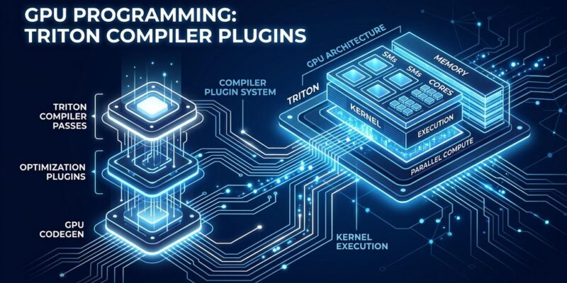 Triton 3.7 plugin extension system visualization showing GPU compiler pass pipeline with blue circuit pathways