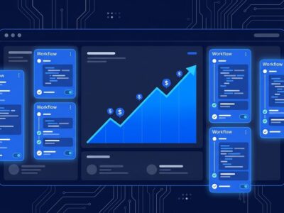 AI agent command center dashboard showing multiple coding agent sessions with upward trending revenue chart in blue and white on dark navy background