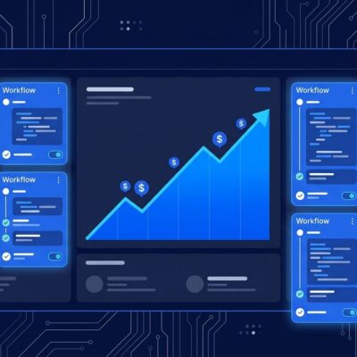 AI agent command center dashboard showing multiple coding agent sessions with upward trending revenue chart in blue and white on dark navy background