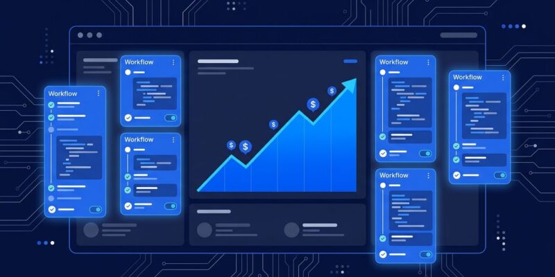 AI agent command center dashboard showing multiple coding agent sessions with upward trending revenue chart in blue and white on dark navy background