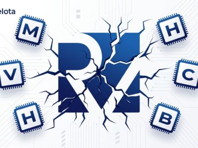 RISC-V logo fragmenting into incompatible chip extension modules, illustrating the binary compatibility problem