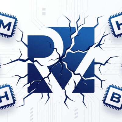 RISC-V logo fragmenting into incompatible chip extension modules, illustrating the binary compatibility problem