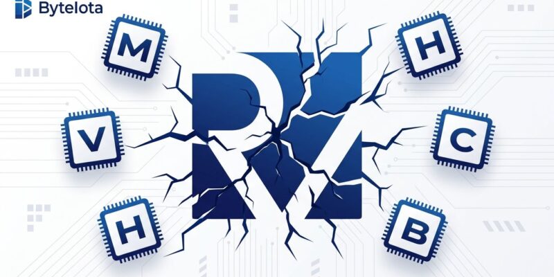 RISC-V logo fragmenting into incompatible chip extension modules, illustrating the binary compatibility problem