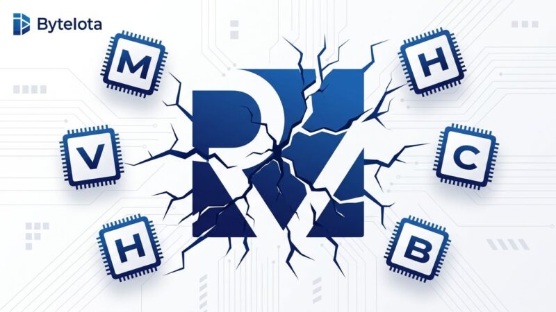 RISC-V logo fragmenting into incompatible chip extension modules, illustrating the binary compatibility problem