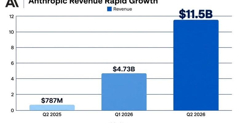 Bar chart showing Anthropic revenue growth from 87M in Q2 2025 to 1.5B in Q2 2026