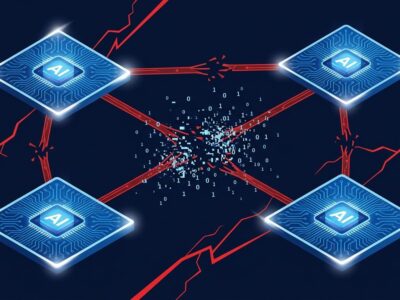 Network diagram of AI agent nodes connected by conflict lines, showing multi-agent coordination failure