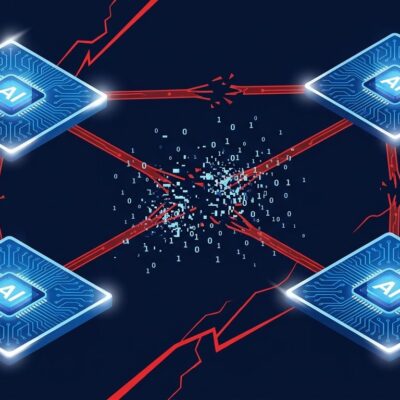 Network diagram of AI agent nodes connected by conflict lines, showing multi-agent coordination failure