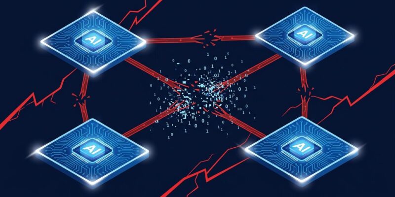 Network diagram of AI agent nodes connected by conflict lines, showing multi-agent coordination failure