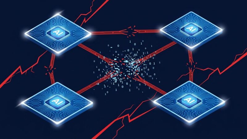 Network diagram of AI agent nodes connected by conflict lines, showing multi-agent coordination failure