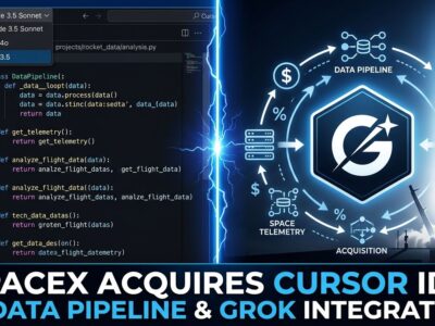 Split-screen illustration showing Cursor IDE with Claude and GPT model selectors on the left versus SpaceX rocket with Grok branding on the right, representing the acquisition
