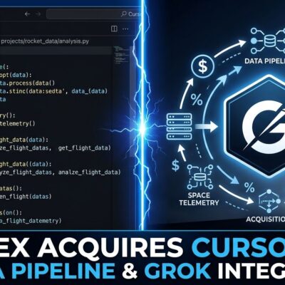 Split-screen illustration showing Cursor IDE with Claude and GPT model selectors on the left versus SpaceX rocket with Grok branding on the right, representing the acquisition