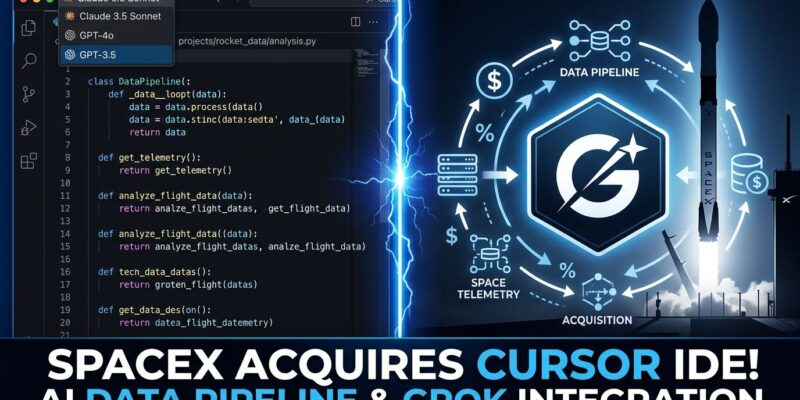 Split-screen illustration showing Cursor IDE with Claude and GPT model selectors on the left versus SpaceX rocket with Grok branding on the right, representing the acquisition