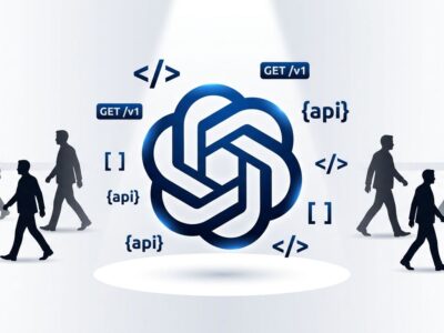 OpenAI logo with executive silhouettes walking away, representing the C-suite talent exodus affecting developer API platform