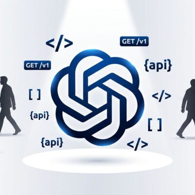 OpenAI logo with executive silhouettes walking away, representing the C-suite talent exodus affecting developer API platform