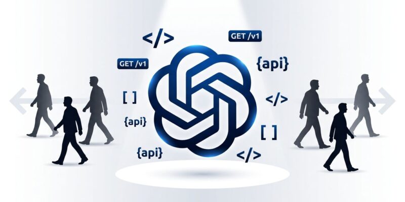 OpenAI logo with executive silhouettes walking away, representing the C-suite talent exodus affecting developer API platform