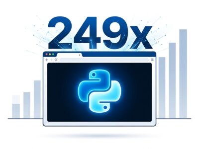 Browser window with Python logo and 249x speedup indicator representing Numba running in WebAssembly via JupyterLite