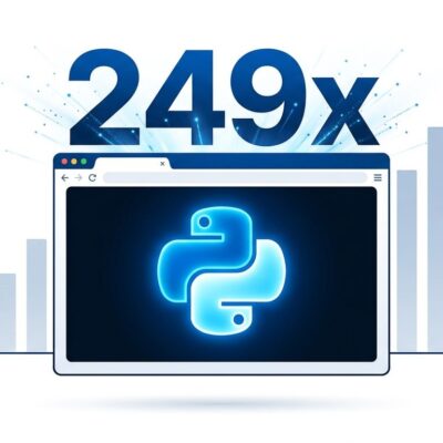 Browser window with Python logo and 249x speedup indicator representing Numba running in WebAssembly via JupyterLite