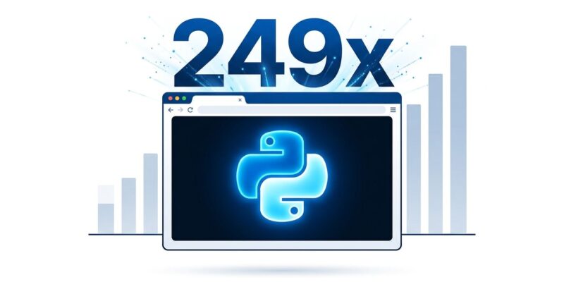 Browser window with Python logo and 249x speedup indicator representing Numba running in WebAssembly via JupyterLite