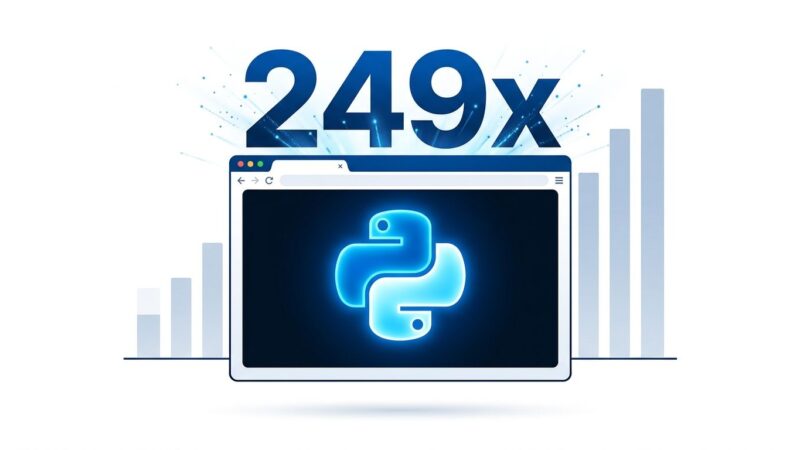 Browser window with Python logo and 249x speedup indicator representing Numba running in WebAssembly via JupyterLite