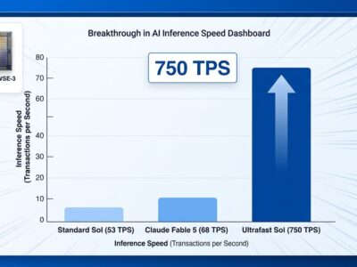 Data visualization comparing AI inference speeds: GPT-5.6 Sol Ultrafast at 750 TPS vs standard inference tiers