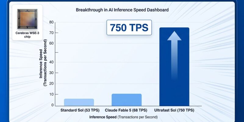 Data visualization comparing AI inference speeds: GPT-5.6 Sol Ultrafast at 750 TPS vs standard inference tiers