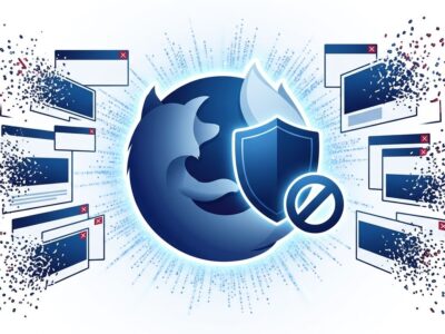Firefox browser icon with ad blocker shield symbol, banner ads dissolving into particles, blue and white tech illustration