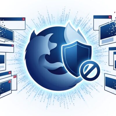 Firefox browser icon with ad blocker shield symbol, banner ads dissolving into particles, blue and white tech illustration