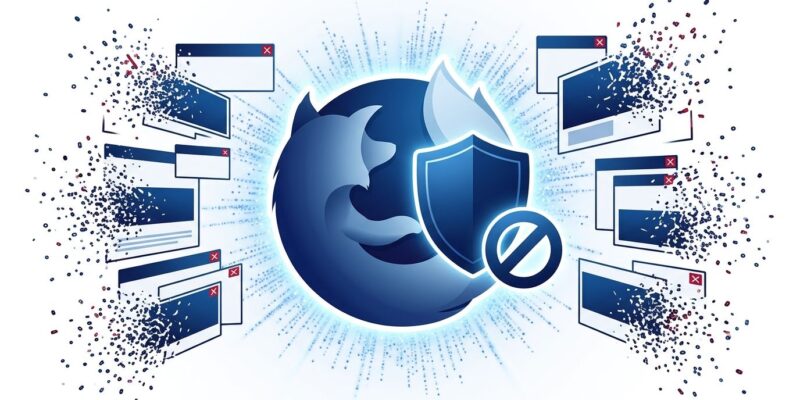 Firefox browser icon with ad blocker shield symbol, banner ads dissolving into particles, blue and white tech illustration