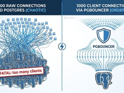 Split-screen diagram showing 100 raw Postgres connections on the left versus PgBouncer routing 1000 clients through 20 pooled connections on the right