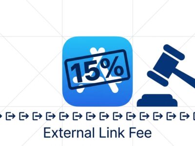 App Store icon with 15% fee stamp and court gavel representing Apple's external link fee proposal for iOS developers