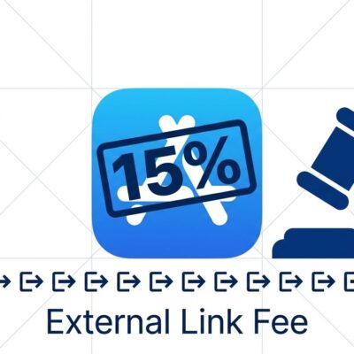 App Store icon with 15% fee stamp and court gavel representing Apple's external link fee proposal for iOS developers
