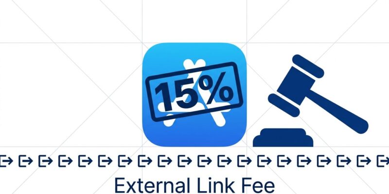 App Store icon with 15% fee stamp and court gavel representing Apple's external link fee proposal for iOS developers
