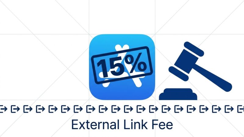 App Store icon with 15% fee stamp and court gavel representing Apple's external link fee proposal for iOS developers